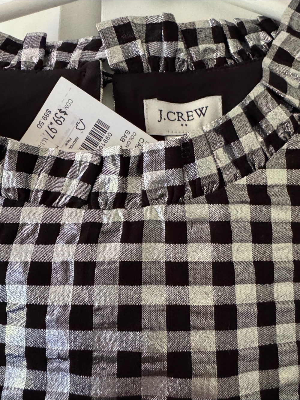 J. Crew Black & Silver shine Gingham Puff-Sleeve Blouse - Picture 3 of 6